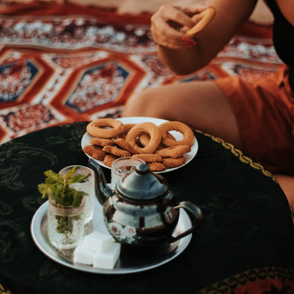 Moroccan mint tea ceremony in Timlalin desert near Agadir Morocco
