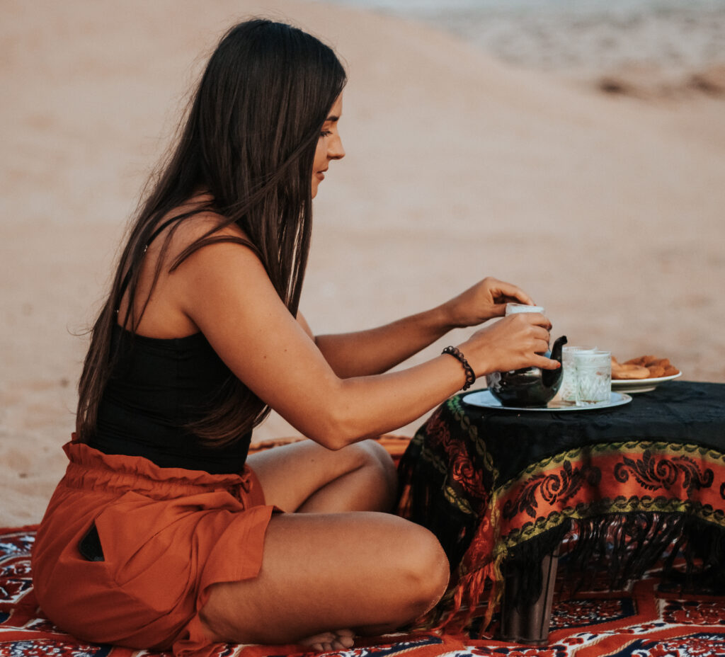 Moroccan mint tea ceremony in Timlalin desert near Agadir Morocco