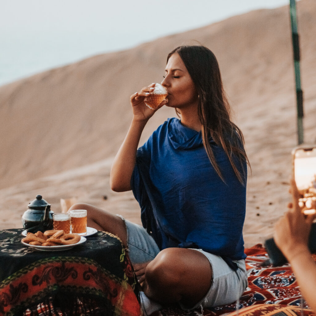 Moroccan mint tea ceremony in Timlalin desert near Agadir Morocco