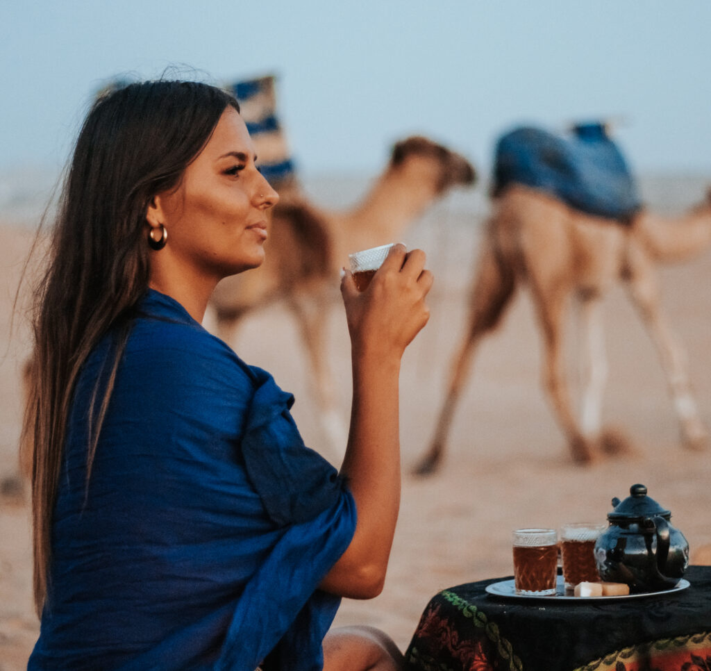 Moroccan mint tea ceremony in Timlalin desert near Agadir Morocco